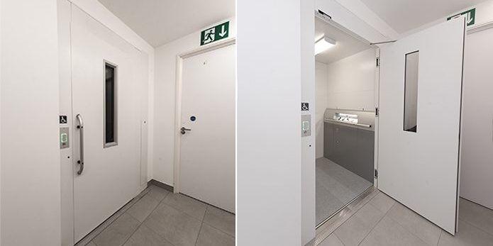 Split image showing a passenger lift with the door open and the other with the door closed